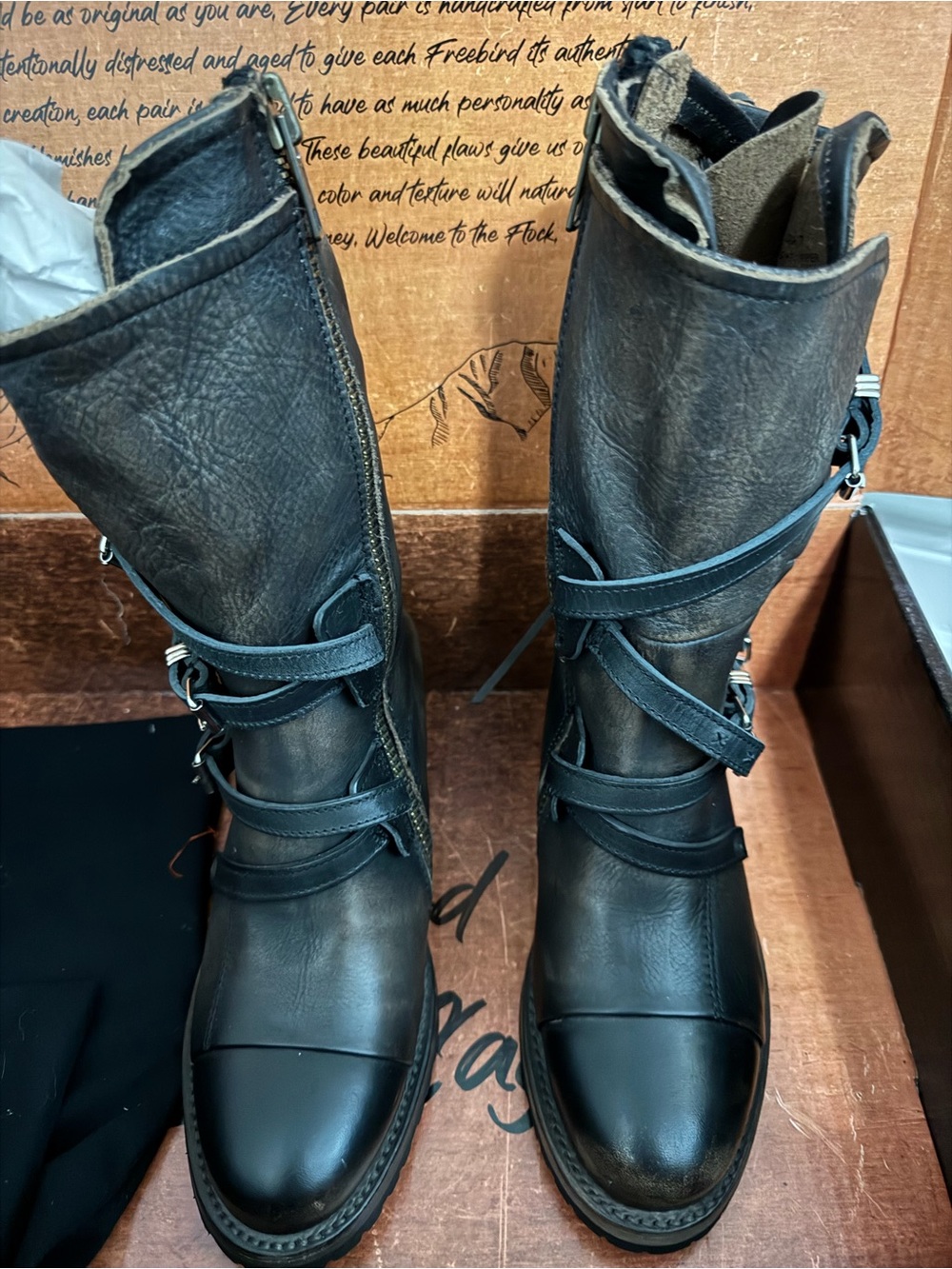 FREEBIRD NWT CORA Black Distressed Leather Strap Ankle Boots